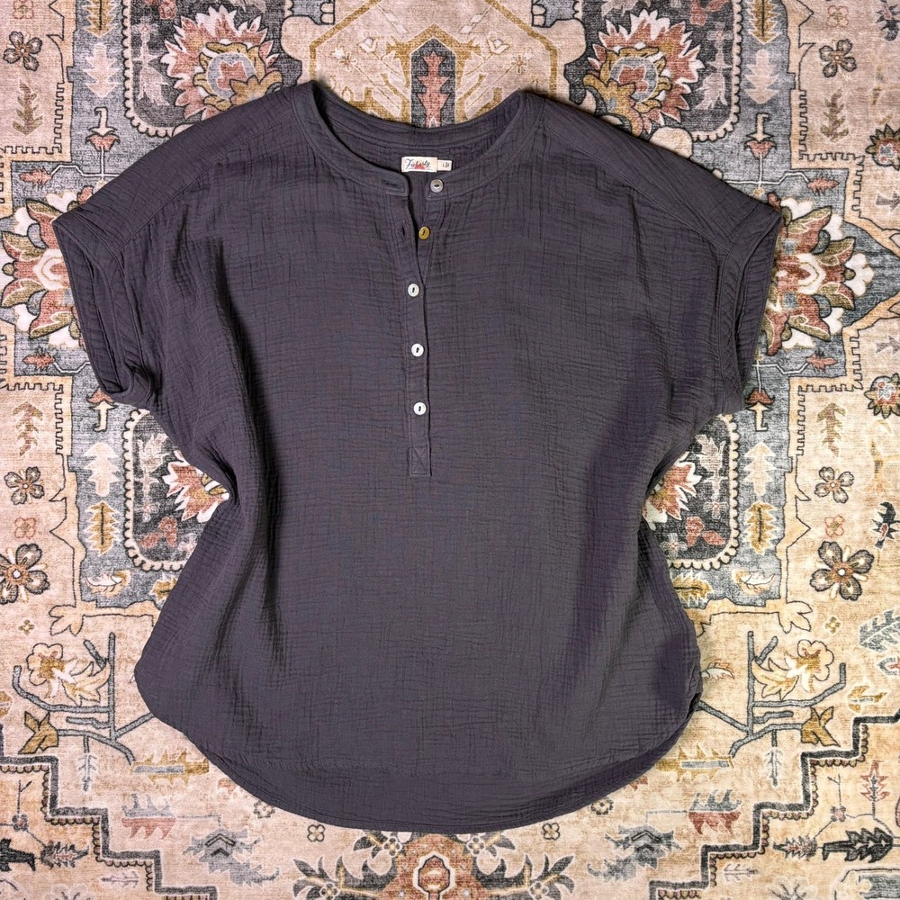 Faherty Willa Top Charcoal Grey Double Gauze Organic Cotton Henley Blouse Large